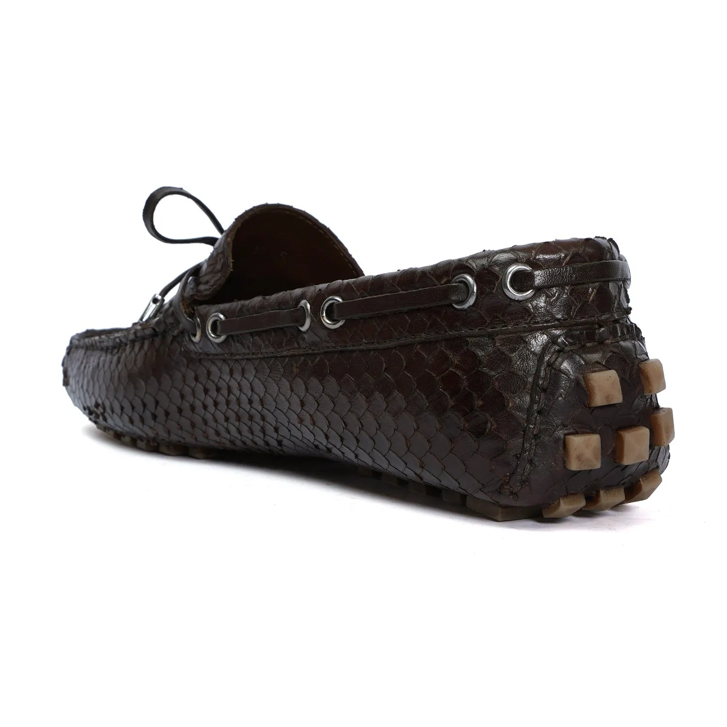 Tassel Bow Leather Driver Loafer in Dark Brown Snake Skin Textured Leather with Nubs Sole