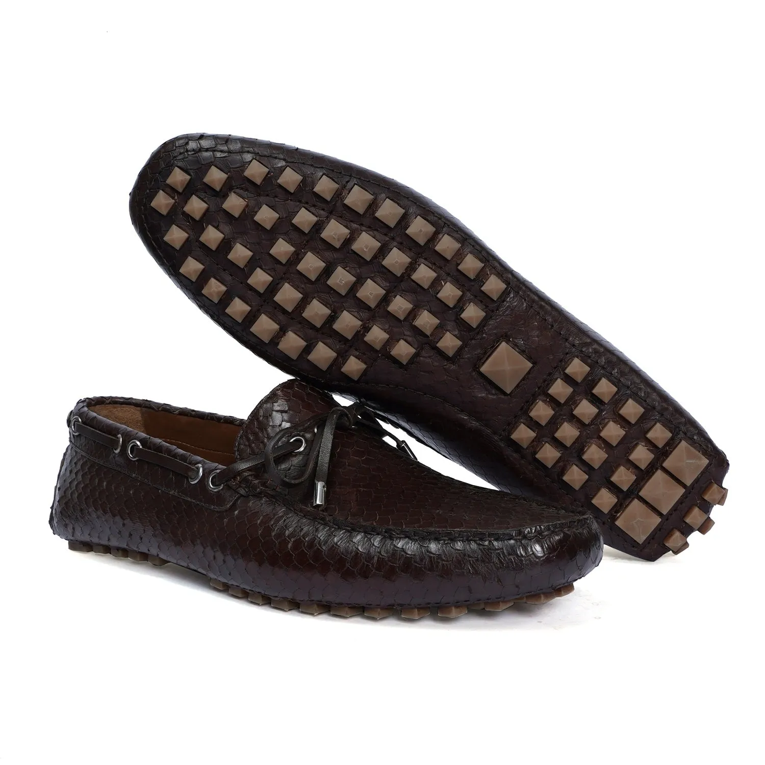 Tassel Bow Leather Driver Loafer in Dark Brown Snake Skin Textured Leather with Nubs Sole