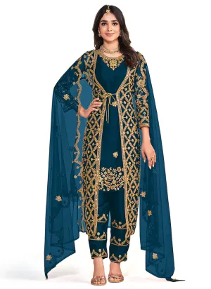 Turquoise Mirror Work Embroidery Jacket Style Pant Suit