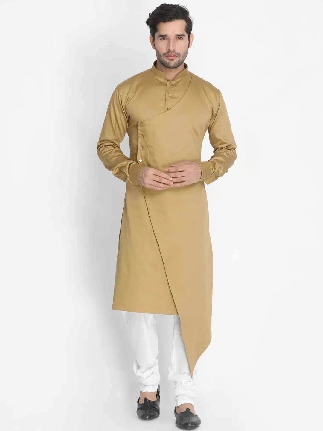 VASTRAMAY Beige Cotton Silk Kurta Churidar Set