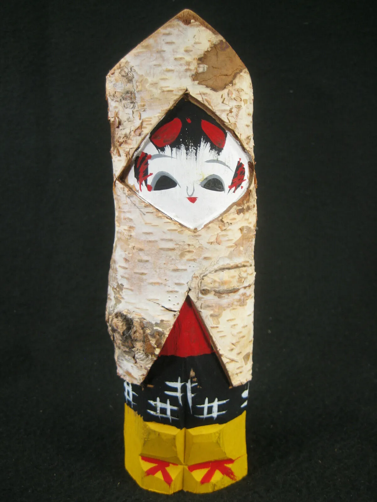 Vintage Japanese Kokeshi Wooden Doll W/Birch Bark Hood Yellow & Winter Boots