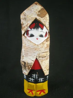 Vintage Japanese Kokeshi Wooden Doll W/Birch Bark Hood Yellow & Winter Boots