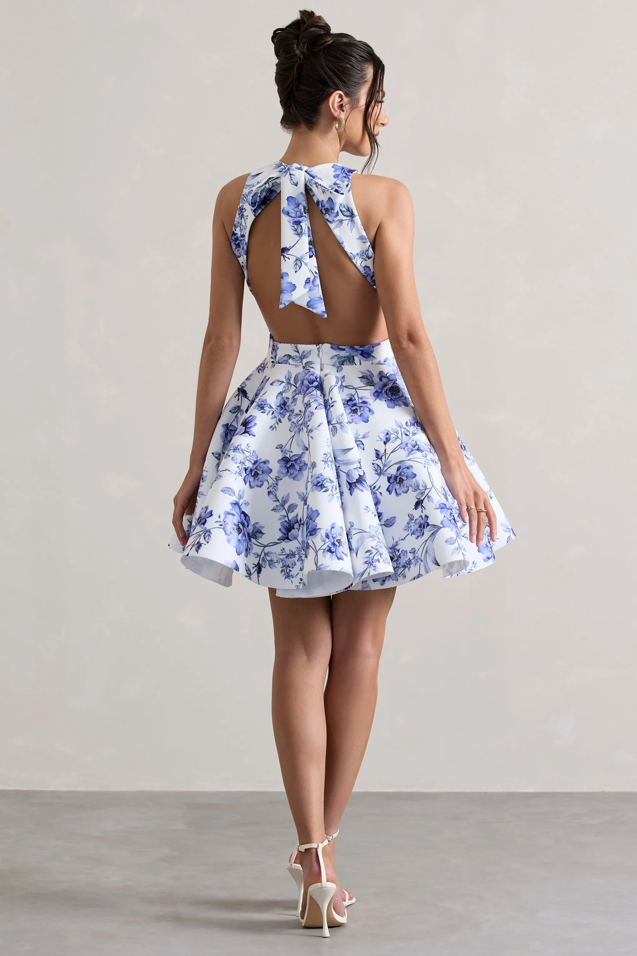 Waverly | Blue Floral Racer-Neck Sleeveless Skater Mini Dress