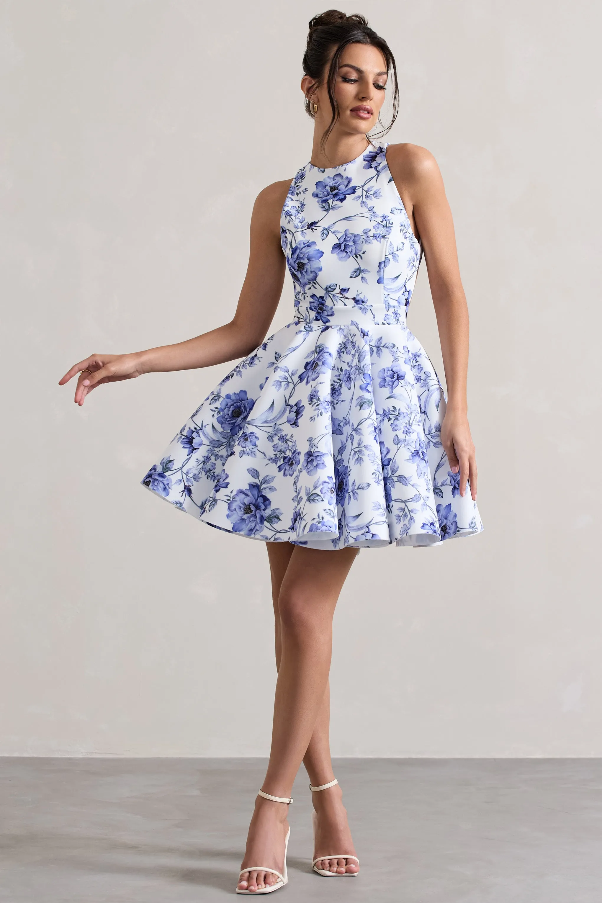 Waverly | Blue Floral Racer-Neck Sleeveless Skater Mini Dress