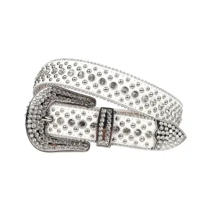 White Strap With Crystal & Metal Studded Rhinestone Belt