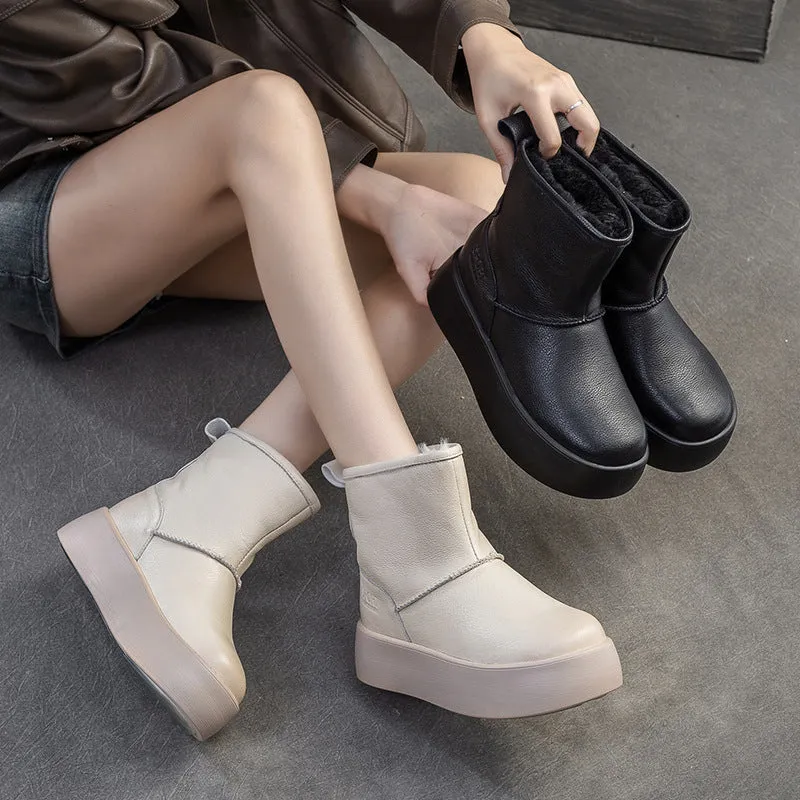 Women Minimalism Solid Leather Furred Snow Boots