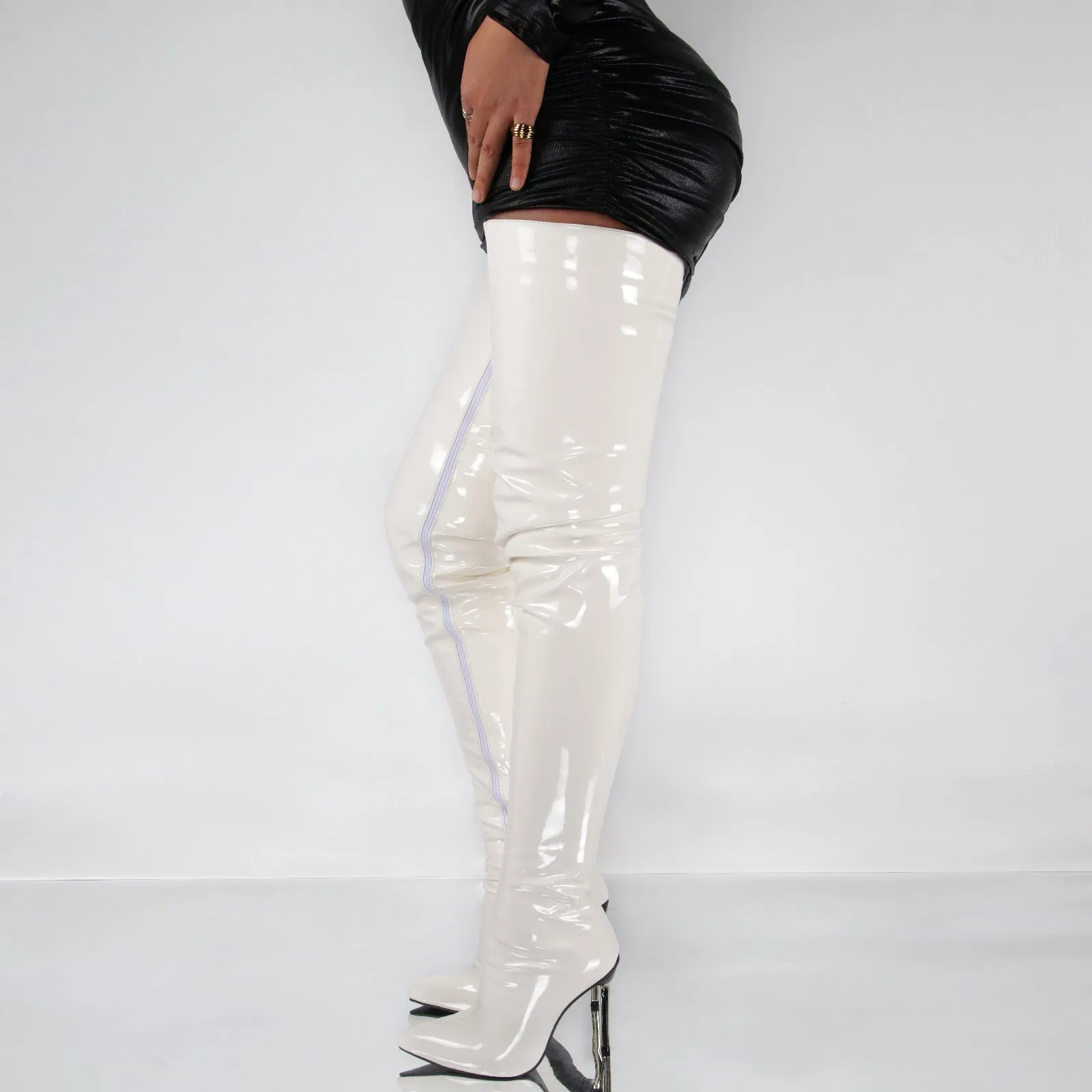 Women pointed toe patent leather side zipper stiletto high heel over the knee boots