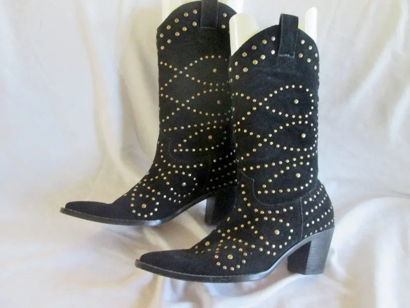 Womens KATHY VAN ZEELAND Suede Leather Stud Gogo Boots BLACK 7.5 ROCKER