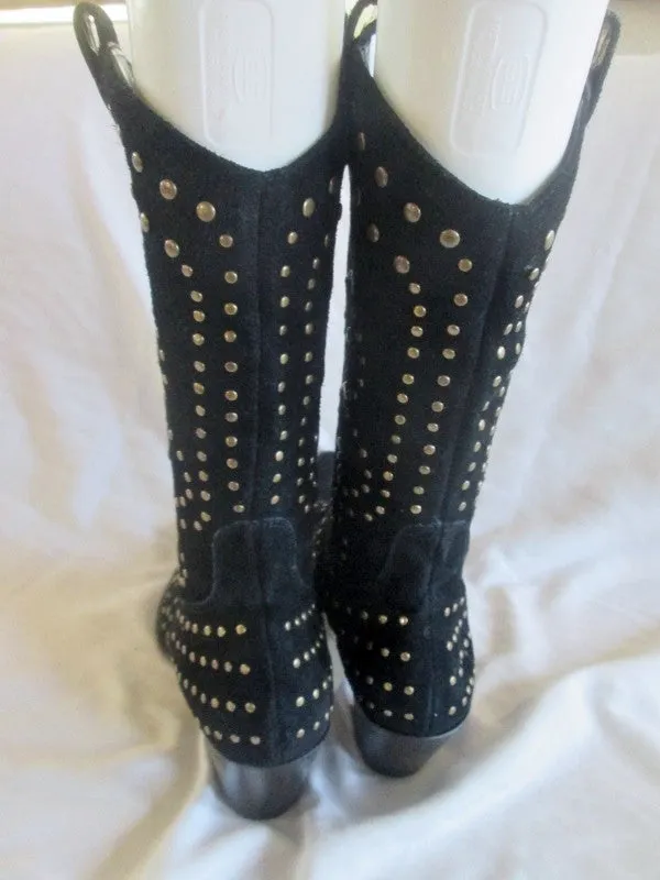 Womens KATHY VAN ZEELAND Suede Leather Stud Gogo Boots BLACK 7.5 ROCKER