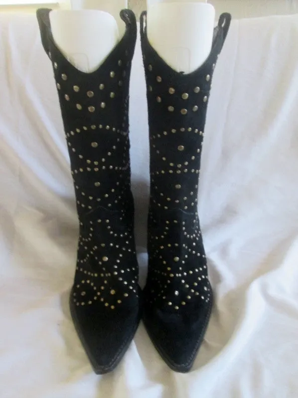 Womens KATHY VAN ZEELAND Suede Leather Stud Gogo Boots BLACK 7.5 ROCKER