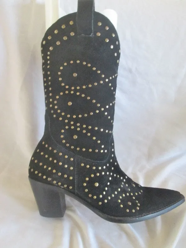 Womens KATHY VAN ZEELAND Suede Leather Stud Gogo Boots BLACK 7.5 ROCKER