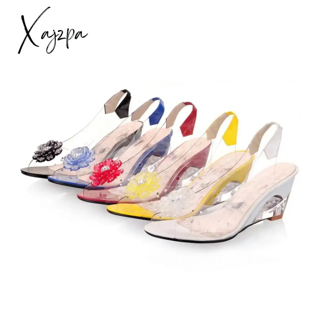 Xajzpa - Summer Women Sandals Studded Flower Design Transparent Wedge Women Shoes Casual Fashion Slip On Open Toe Ladies Sandals Heels