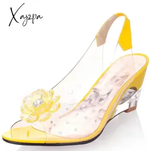 Xajzpa - Summer Women Sandals Studded Flower Design Transparent Wedge Women Shoes Casual Fashion Slip On Open Toe Ladies Sandals Heels