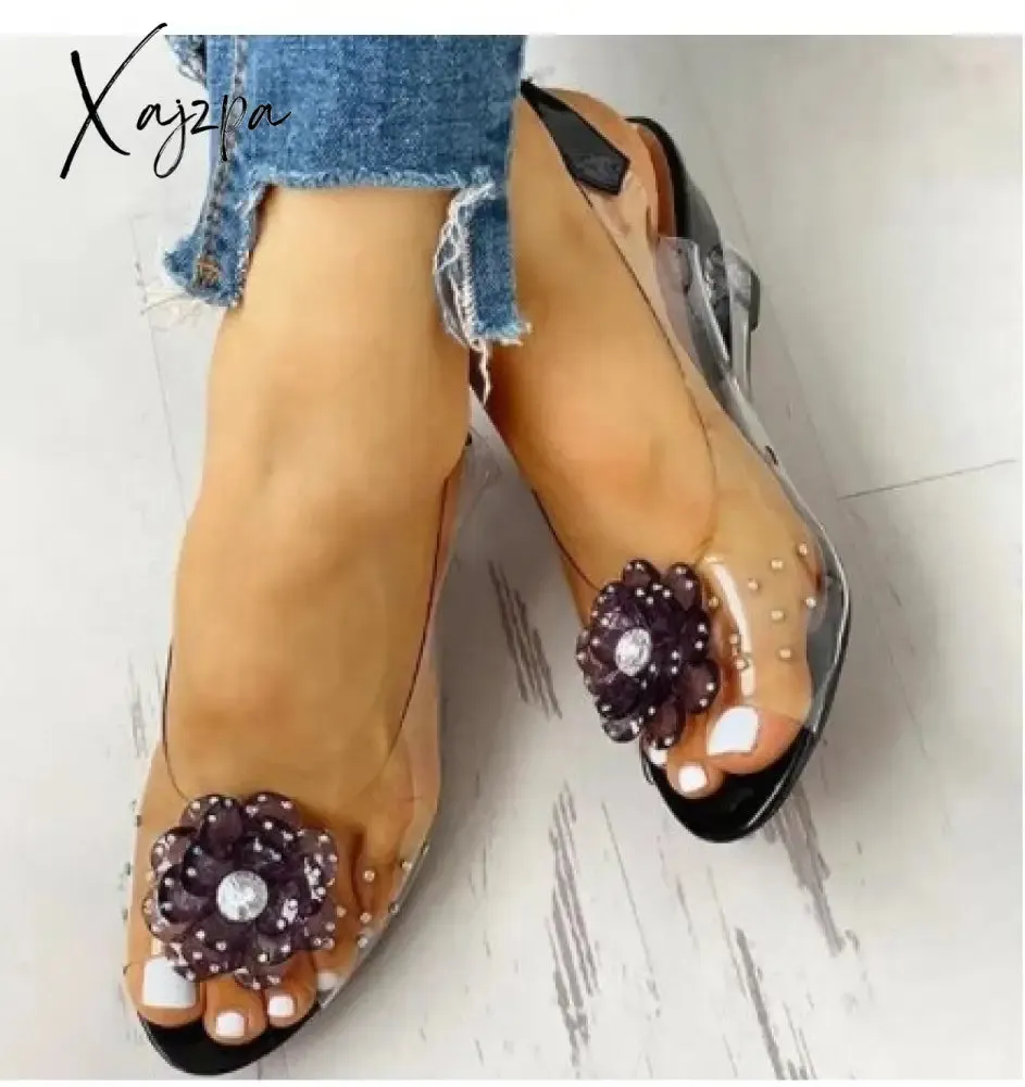 Xajzpa - Summer Women Sandals Studded Flower Design Transparent Wedge Women Shoes Casual Fashion Slip On Open Toe Ladies Sandals Heels