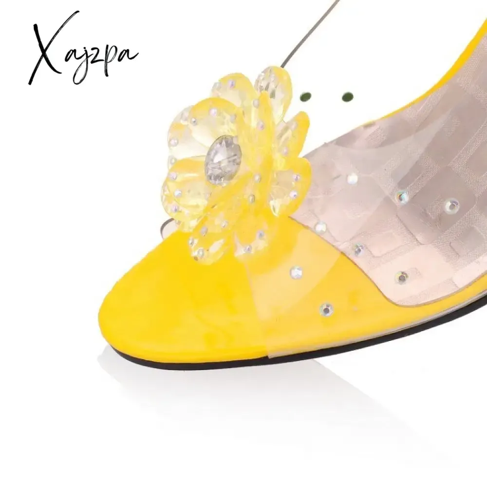 Xajzpa - Summer Women Sandals Studded Flower Design Transparent Wedge Women Shoes Casual Fashion Slip On Open Toe Ladies Sandals Heels