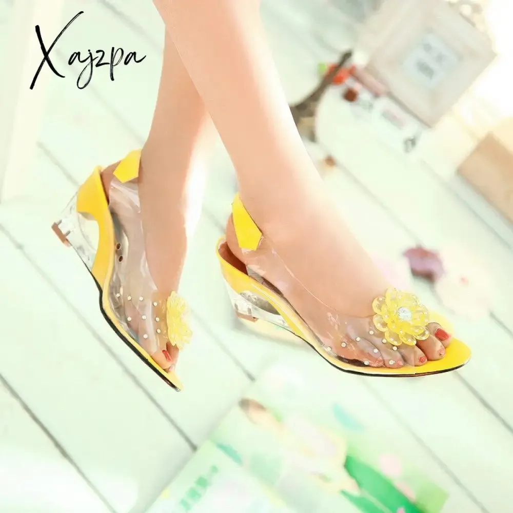 Xajzpa - Summer Women Sandals Studded Flower Design Transparent Wedge Women Shoes Casual Fashion Slip On Open Toe Ladies Sandals Heels