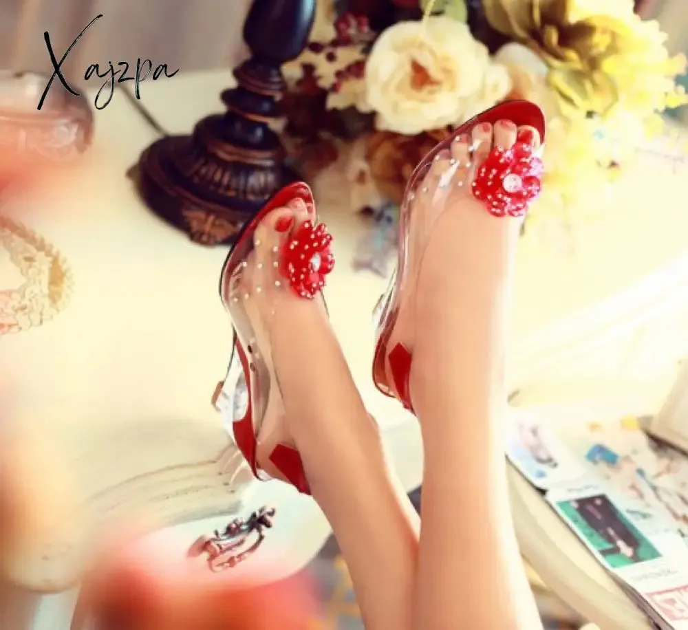 Xajzpa - Summer Women Sandals Studded Flower Design Transparent Wedge Women Shoes Casual Fashion Slip On Open Toe Ladies Sandals Heels