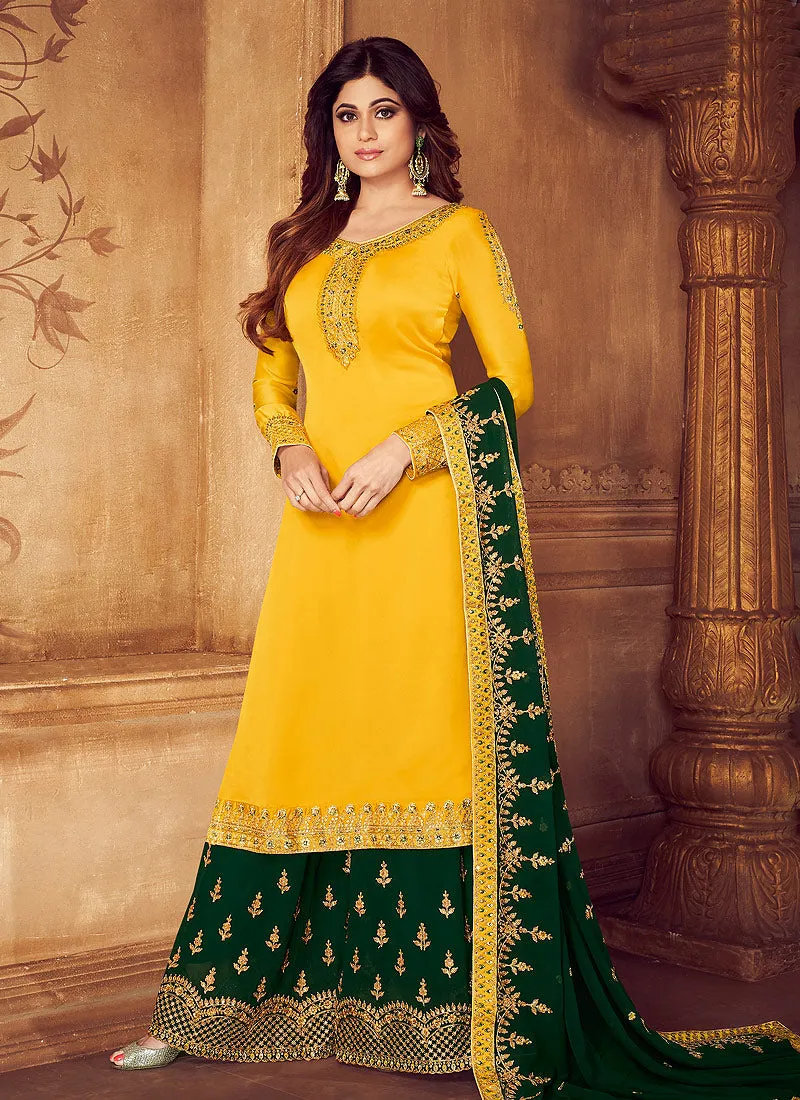 Yellow And Green Traditional Embroidered Palazzo Suit