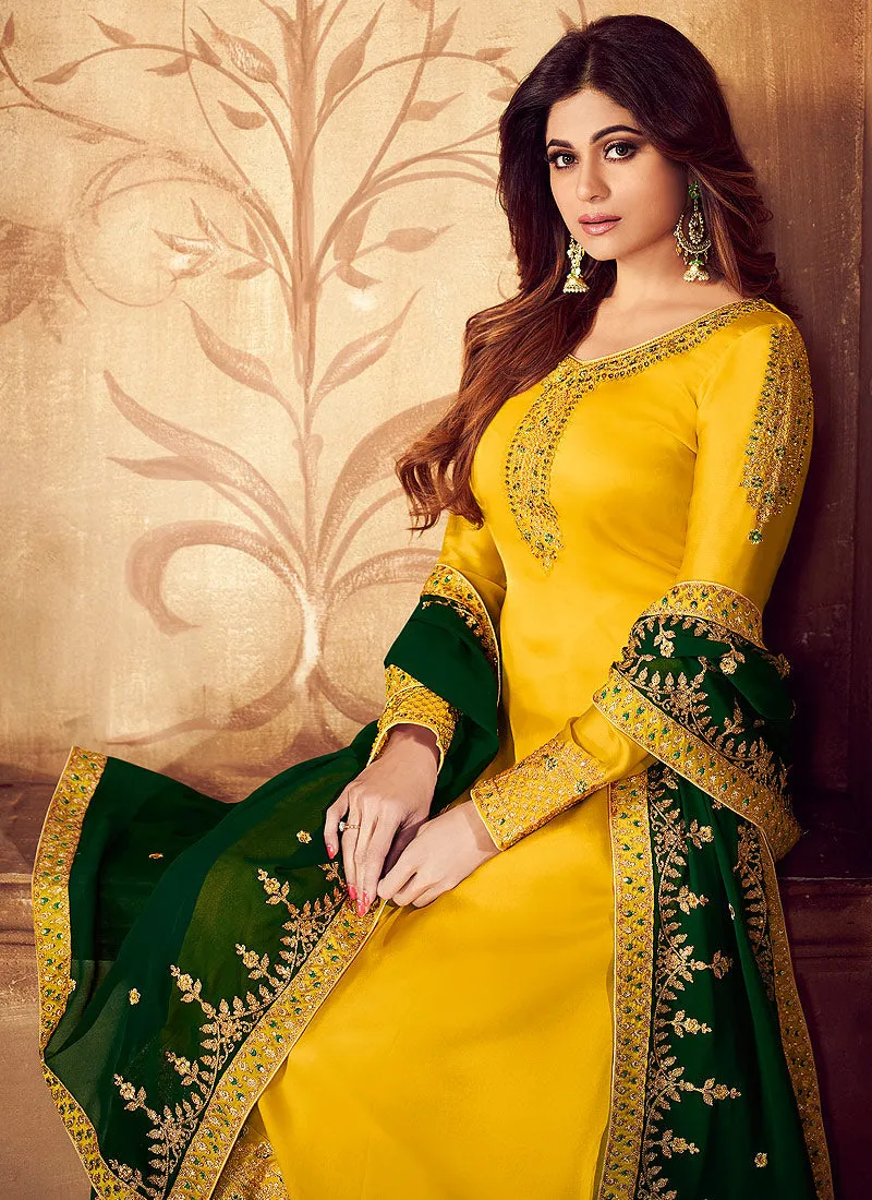 Yellow And Green Traditional Embroidered Palazzo Suit