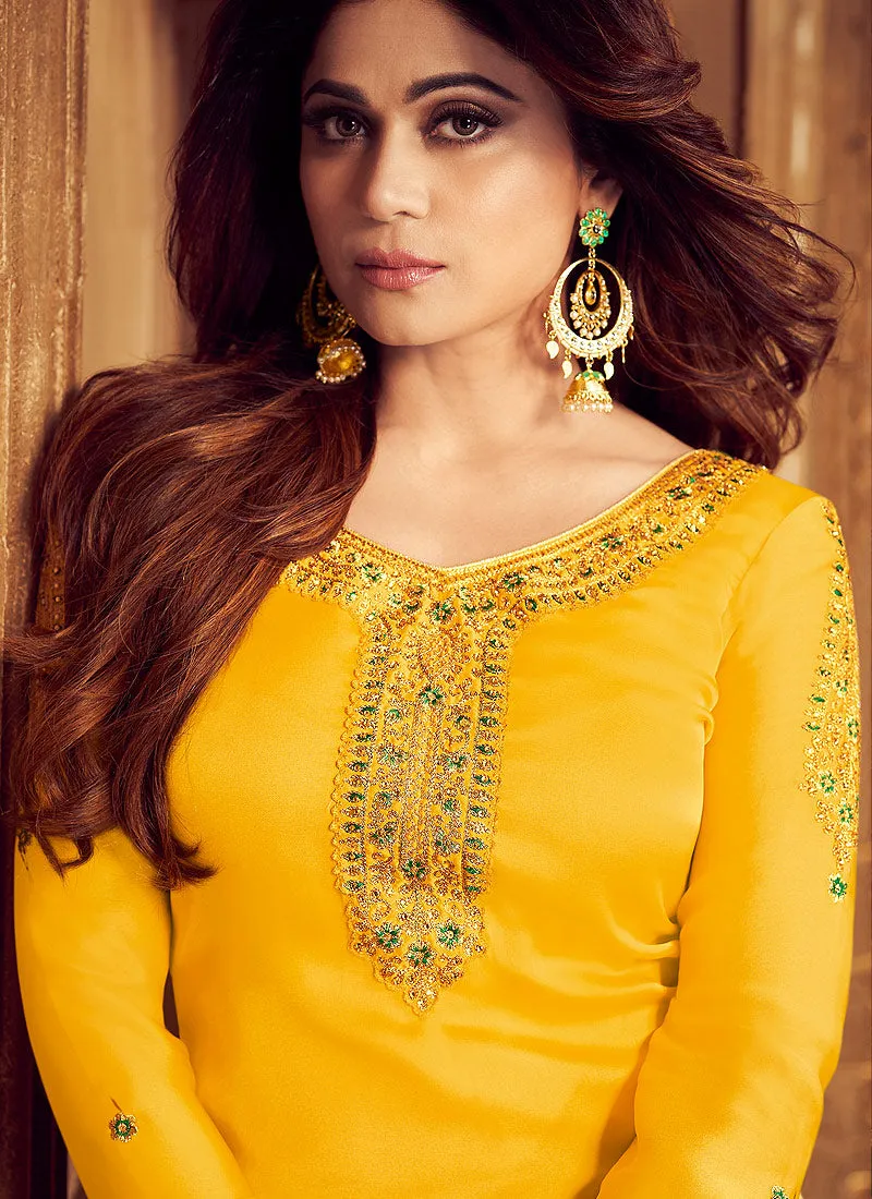 Yellow And Green Traditional Embroidered Palazzo Suit