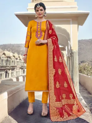 Yellow Sober Embroidered With Banarasi Dupatta Pant Suit